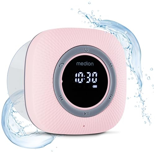 MEDION S66884 Duschradio mit Bluetooth (Badradio, UKW Radio, Saugnapf, LED-Display, IPX6 Wasserdicht, integrierter Akku, MD43884) pink