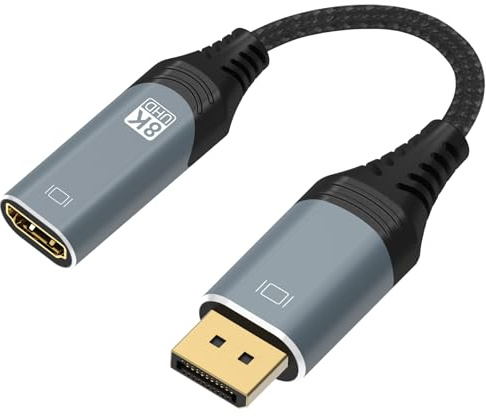 ConnBull DisplayPort auf HDMI 2.1 Kabel 25cm, 8K@60Hz 4K@120Hz, DP zu HDMI | DP 1.4 auf HDMI 2.1 Stecker zu Buchse Konverter, kompatibel mit Monitor, Desktop, Projektoren, AMD, NVIDIA usw, 25CM