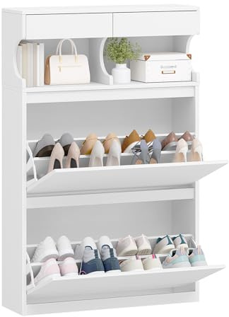 Hzuaneri Schuhschrank, Schuhregal Schuhkipper Schmal, Verstellbar, Schuhkommode für Eingang, Flur, Garderobe, 16 Paar, 2 Klappen (80B cm), Weiß SR45303X