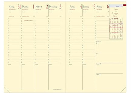 Minister Prestige, Kalender-Einlage: Mit Wochenkalendarium u. Notizfeldern sowie 2-Monats-Übers. ab Dezember des Vorjahres. Mit Informationsteil