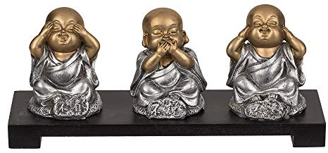 Out of the Blue Polyresin-Figuren auf Holzbank, Buddha (Nichts böses sehen, sprechen, hören) ca. 20 x 9 cm, 190131