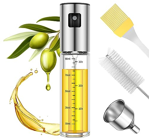 Septeamay Ölsprüher zum Kochen, Öl Sprühflasche aus Hochwertigem Edelstahl und Glas, 100ml Ölspray zum kochen Set Edelstahltrichter Reinigungsset Inklusive, für Salat, Grillen, Backen, Pasta