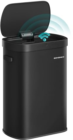 SONGMICS Mülleimer mit Sensor, automatischer Abfalleimer 50 L, Öffnen per Handbewegung oder Berühren, Softclose-Deckel, Stahl, inkl. 15 Müllbeutel, tintenschwarz LTB640B02
