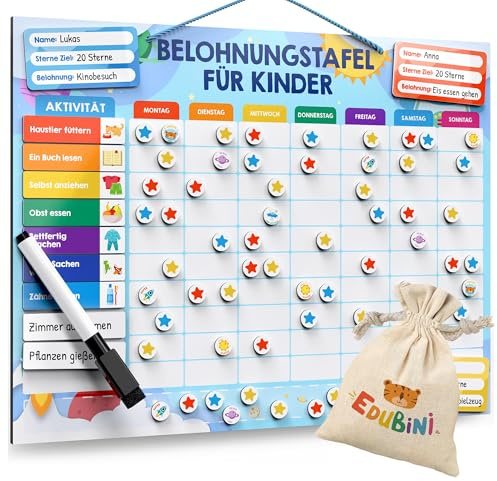 Edubini Belohnungstafel Kinder - [100 Aufgaben + 350 Magnete] - Belohnungssystem für Verantwortung - Family Plan, Montessori Magnettafel, Wochenplaner, Adhs Hilfsmittel - inkl. Tasche, Stift
