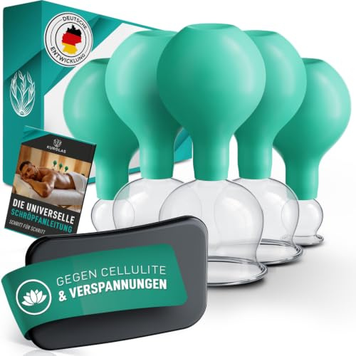 KURGLAS® Schröpfgläser aus Echtglas [5 Stk] – Medizinische Schröpfen e-Book | Das originale Schröpfset gegen Verspannungen & Cellulite – Cupping Set inkl. Faszienschaber – Schröpfglas mit Saugball