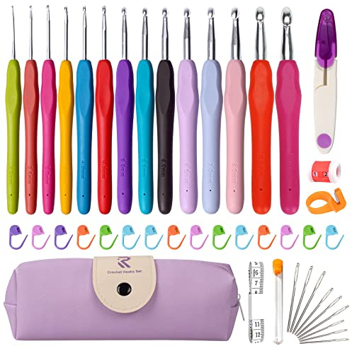 14 Stück Häkelnadel Set, Häkelnadel Größen 2mm-10mm, Häkelset für Anfänger mit Häkel Zubehör, Häkel Set Stricknadeln mit Ergonomische Soft Gummi Comfort Grip, Häkelnadeln Set mit Tragbaren Tasche