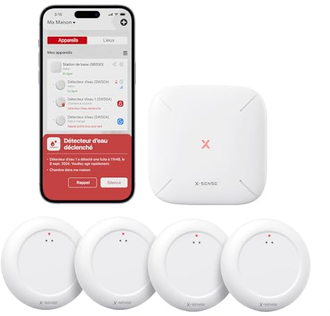 X-Sense Wassermelder WLAN mit SBS50 Basisstation, Smarter Wassermelder, App-Warnungen（nur 2.4Ghz）, wasserdicht nach IP67, Funk-Wassersensor für Küche, Bad, Keller, SWS0A41, 5er Set