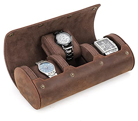 CONTACTS Uhrengehäuse aus echtem Leder, für Reisen, Jewelry Watchse Aufbewahrungsbox und zylindrische Uhrenschutzhülle, weiche Tasche (Coffee2, für 3 Uhren)