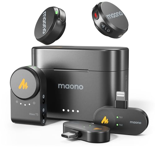 MAONO kabelloses Lavalier Mikrofon für iPhone/Android/Kamera/PC - Mini Mikrofon mit 48kHz/24Bit Hi-Fi Audio, 30Std Dauer, Geräuschunterdrückung. USB-C/Lightning/Kamera Plug Mini Mic für Vlog-Wave T5