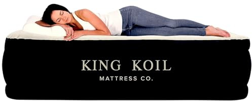 King Koil Luxus-Quuen-Size-Luftmatratze mit eingebauter Hochgeschwindigkeitspumpe, verstellbar, doppelt, hohe Premium-Kissenoberseite, aufblasbare Luftmatratze für Gäste, Camping und Zuhause, 50,8 cm