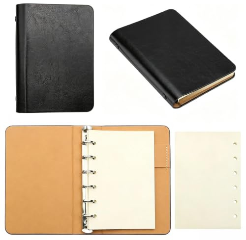 LERANXIN A7 Ringbuch, Ringbuch A7 Nachfüllbar, 56 Blätter Nachfüllpapier, Hardcover Kunstledereinband, Glattes Beiges Papier, Mini Notizbuch, Kleines Notizbuch für Schulnotizen und Reisetagebücher