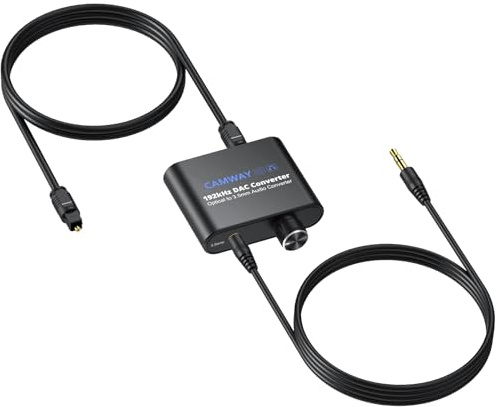 CAMWAY DA Wandler, 192KHz Digital zu Analog Audio Wandler, SPDIF Optisch zu 3,5mm Adapter mit 1M optischem Kabel+1M 3.5mm Audio Kable DAC Konverter mit Lautstärkeregler für TV DVD Blu-ray Xbox PS3 PS4