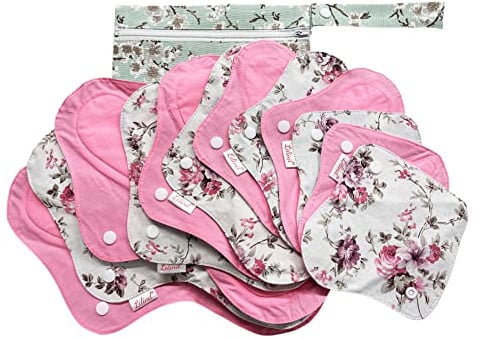Lilind® Bio-Tuch-Pads, Jumbo-Starter-Set, mit Reißverschluss, wiederverwendbar, wasserdicht, Menstruationsbinden, 100% Baumwolle, Vintage-Rosen, 12 Stück