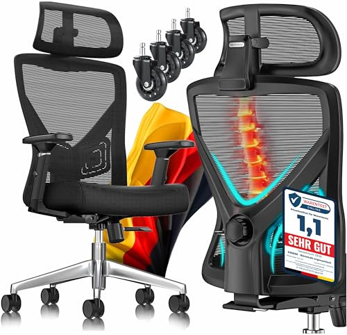KESSER® Bürostuhl Ergonomisch mit verstellbaren Armlehnen | Drehstuhl mit Lendenwirbelstütze Rückenschonend | Schreibtischstuhl mit Kopfstütze | Office Chair Wippfunktion bis 125° mit 5X Gummirollen