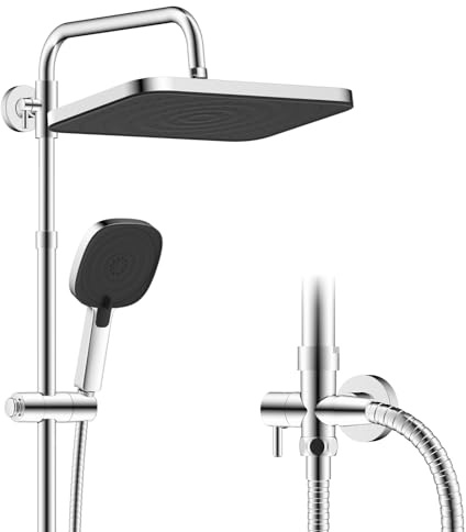 Hibbent Selbstreinigendes Regenbrause-Set mit Edelstahl-Duschstange,Schwarzes Panel mit Chromrahmen