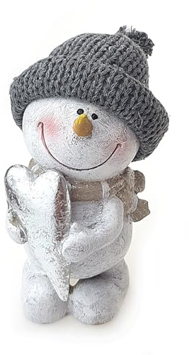 TEMPELWELT Deko Figur Schneemann mit Herz 14 cm, Keramik grau weiß, Dekofigur Schneemannfigur Winterdeko Winter Weihnachten