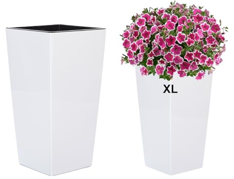 MELTOM Pflanzkübel Eckig Hoch H 57 cm 29 x 29 cm Weiß Hochglanz mit Einsatz | Herausnehmbarer Einsatz 16,5 L, 40 L Volumen, 29 x 29 cm, wasserdicht ohne Abflussloch, Innen & Außen