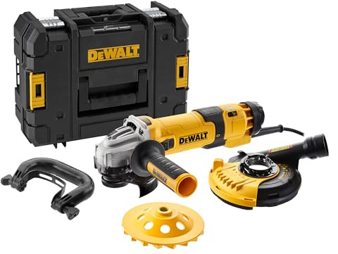 DEWALT 125 mm Winkelschleifer mit Beton-Oberflächenset, DWE4257KT-QS | (1.500 Watt, Epoxyd-Harz gepanzerte Wicklung, Sanftanlauf, mit 125mm Staubhaube, Bügelgriff und Diamant-Topfscheibe)