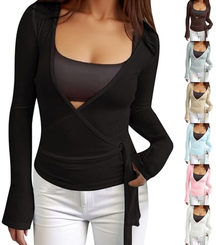 Damen Y2k Ballett Wrap Top Langarm Tiefer V-Ausschnitt Slim Fit Yoga Pilates Ballet Workout Tops Sexy Blickdichter Wickeloberteil Weiches Bandage Shirt Einfarbig Wickelbluse Dancewear Tanzbekleidung