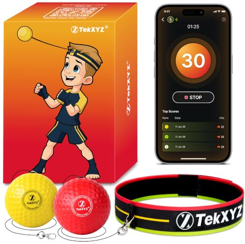 TEKXYZ Reflexball mit Zähler-App und Online-Community, 2 Stufen, Boxball mit Stirnband für Reaktion, Agilität, Schlagtempo und Hand-Auge-Koordination