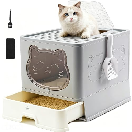 HelloMiao Vollständig Geschlossene Geruchsfreie Indoor-Katzentoilette mit Dach/Deckel,Katzenklo in Groß,Cat Litter Box Schubladensystem & Klappbar mit Praktischer Katzenstreuschaufel