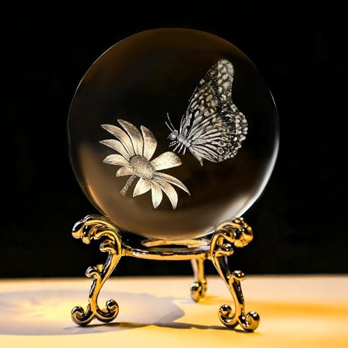 HDCRYSTALGIFTS 3D-Laserkristall-Schmetterlingsblütenblumenblume-Kristall-Dekorationskugel Papiergewicht mit silberverperktem Blütenständer Glaskugel Home Decor Geschenk (60 mm, 2,4 Zoll)
