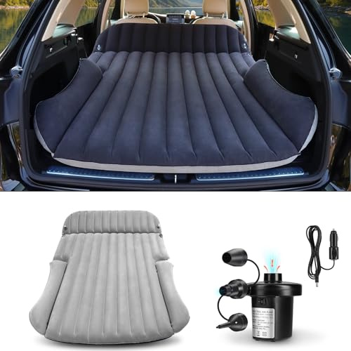 Ciremiv Auto Matratze mit Dicker Doppelseitiger Beflockung | Auto Luftmatratze mit Pumpe und Eingebautem Kissen /Auslaufsichere Autobett für Autocamping, Roadtrip (Blauschwarz + Grau)