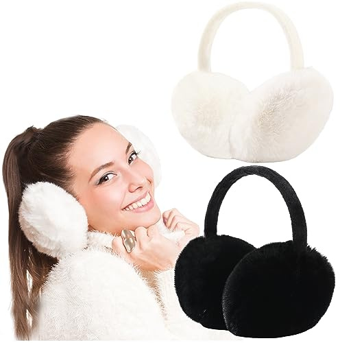 FSMILING Ohrenwärmer Damen, Ohrenschützer Damen Winter Ohrenwärmer Verstellbar Plüsch Ohrenwärmer Für Daman Girls Erwachsene, 2Pack Ohrenwärmer Weiß Schwarz