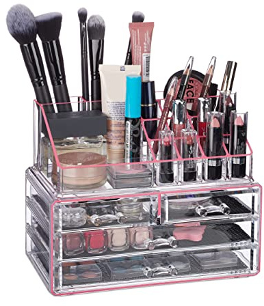 Relaxdays Make Up Organizer Acryl, transparent/pink | 2-teilige Schminkaufbewahrung mit Lippenstifthalter & 4 Schubladen