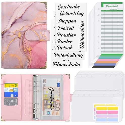 KONVINIT Budget Planner A6 Budget Binder,Budgetplaner mit Folien Deutsch,Ringbuch Finanzplaner mit Geldumschläge,Budgetsheets und Kategorien-Etiketten,Um Geld Sparen,Money organizer,rosa