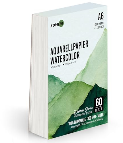 KOVIEDE 100% Baumwolle Aquarellpapier A6, 60 Blatt 300g/m² Aquarellblock, Aquarell Papier für Wasserfarben, Aquarell Skizzenbuch, Watercolor Paper für Studenten, Anfänger, Skizzenbuch Aquarell