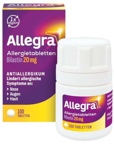 Allegra 100 Stk Allergie Tabletten - Antiallergikum mit Bilastin | Allergietabletten bei Heuschnupfen, Hausstaub- und Tierhaarallergie. Macht nicht müder* und wirkt 24 Std.
