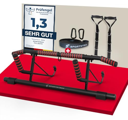 Sportstech Pullmate Klimmzugstange Türrahmen ohne Schrauben, Klimmzugstange verstellbar 58–92 cm, Pull Up Bar für Zuhause bis 200 kg, rutschfeste Griffe, inkl. Klimmzughilfe & Schlingentrainer