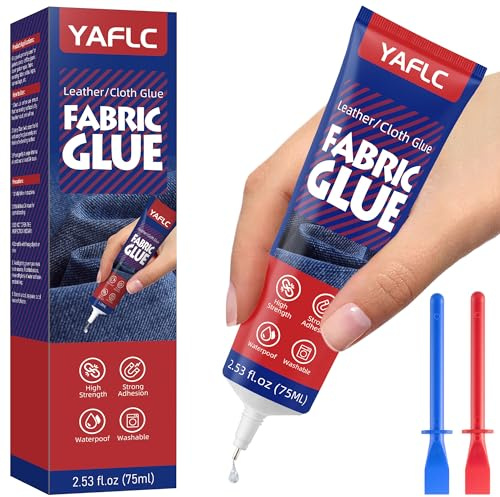 YAFLC Textilkleber permanent 75ml, Stoffkleber für Patch, transparenter Stoffkleber für Kleidung, permanent waschbar, Lederkleber für alle Stoffe, Baumwolle, Denim, Flanell, Polyester