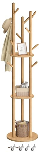 VASAGLE Garderobenständer, Kleiderständer mit 11 Haken und 3 Ablagen, 4 drehbare und abnehmbare Rollen, Haken und Haltestangen aus Massivholz, Eingang Schlafzimmer Wohnzimmer, naturfarben RCR023YK01