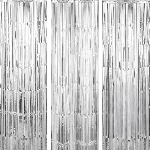 3 Stück Lametta Vorhang Silber 100x300cm, Glitzervorhang Lametta, Glitzer Tinsel Folie Fransen Dekoration für Party Deko, Geburtstagsfeier, Hochzeit, Festivals Bühnendekor, Disco Party