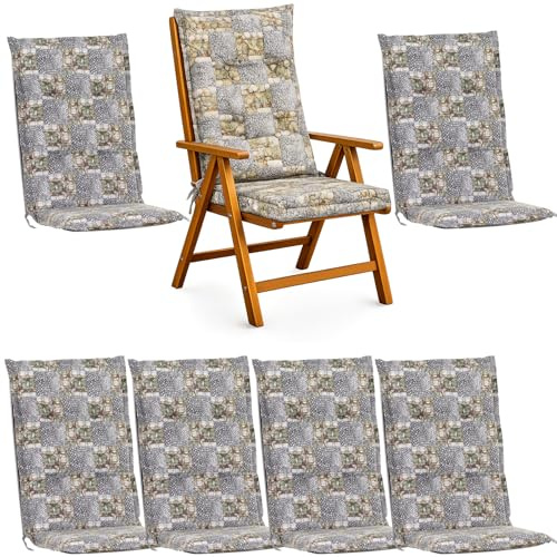 BURI 6X Auflagen Set Hochlehner für Gartenstühle 120x48x6cm Sesselauflagen Polster UV Lichtecht - Gartenstuhlauflagen Kariert Muster Stuhlkissen mit Dicker Schaumstoff Füllung (Graues Mosaik)