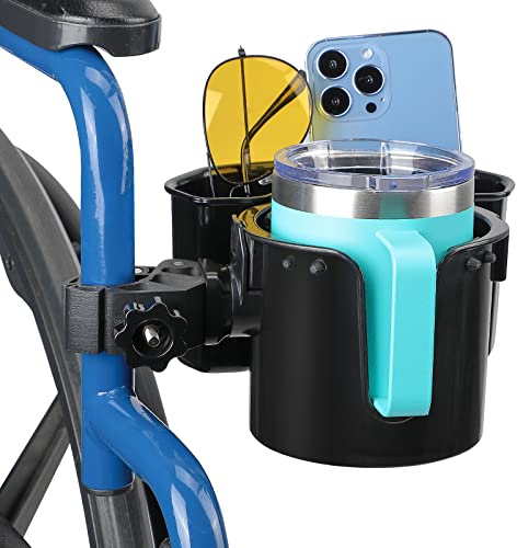 KEMIMOTO Getränkehalter Kinderwagen für Eltern mit Aufbewahrungsbox, Großer Flaschenhalter Fahrrad, 360° drehbarer Becherhalter, Universal Getränkehalter für Rollstuhl, Laufband, Wohnmobil, Boot