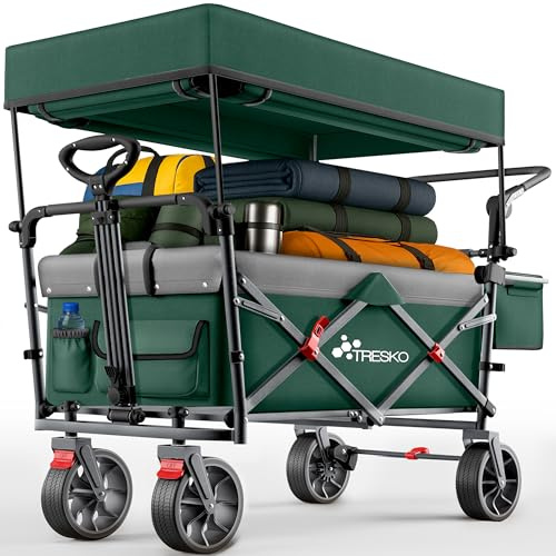 TRESKO® Bollerwagen Faltbar mit Dach, Kühlfach & Seitenrollos | Handwagen max. belastbar bis 150kg | Transportwagen mit Vollgummireifen & Feststellbremsen (Vorne & Hinten) und 3-Punkt-Gurt (Grün)