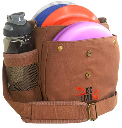 Disc Living Disc Golftasche, Frisbee Golftasche, leicht, für bis zu 10 Scheiben, Gurtband, verstellbare Schultergurt-Polsterung, doppelter Knopf auf der Vorderseite, strapazierfähiges Segeltuch, braun