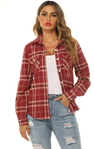 Ietaoo Karierte Bluse Damen Karohemd Langarmshirt Casual Boyfriend Hemd Oberteile Button Down Hemdbluse Plaid Shirt Top