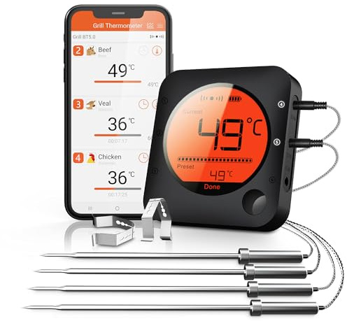 BFOUR 100m Grillthermometer Bluetooth, Fleischthermometer kabelloses mit 4 Edelstahlsonden, große LCD-Anzeige, Bluetooth Bratenthermometer für Grill, Smoker, Ofen, BBQ