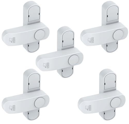 BASI | Fenstersicherung 5er Set | Weiß Braun | Zusatzsicherung für einflügelige Fenster Fenstertüren | verriegelbar mit Druckknopf | Schwenkriegel | Einbruchschutz | Farbe Weiß | 5 Stück