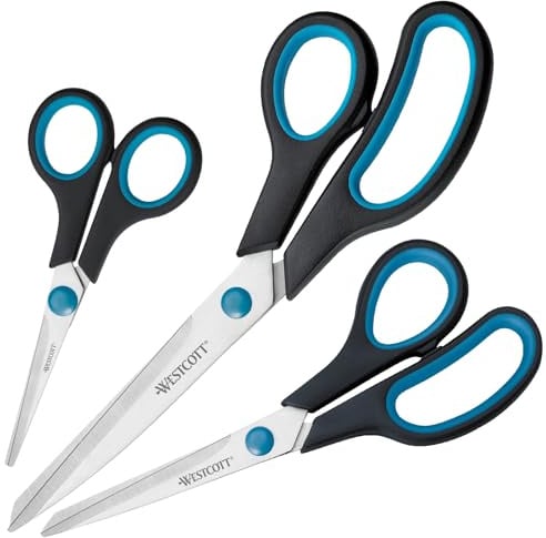 Westcott Easy Grip Scheren 3 Stück | 3er Set Universalscheren mit Komfort-Griff | Extrascharfe & langlebige Edelstahlklinge | Schere für Basteln, Haushalt, Schule & Büro | N-90027 00