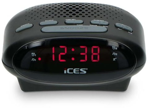 iCES ICR-210 Uhrenradio - Radiowecker mit Stromkabel - 2 Weckzeiten - PLL FM - Schlummerfunktion - Sleeptimer - Gangreserve - kompakt - schwarz