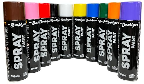Bastelzone Sprayfarben-Set: 10 Farben je 200 ml. Schnelltrocknende Graffiti-Sprühdosen für Holz, Stein, Metall, Glas. Schwarz, Weiß, Blau, Grün, Rot, Gelb, Lila, Orange, Pink, Braun