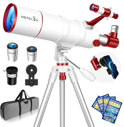 HETEKAN Teleskop für Erwachsene und Anfänger, 90mm Öffnung 550mm Brennweite Tragbares Refraktor-Teleskop (22X-165X) mit 3X Barlow-Linse, AZ-Stativ, Handyadapter, Tragetasche und Dekor-Aufklebern