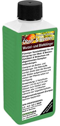 GREEN24 Obstbaum Dünger - Spezialdünger für Obst & Beerensträucher Apfelbaum Birnenbaum Kirschbaum Pflaumenbaum Himbeeren Brombeeren Johannisbeeren NPK 250ml Konzentrat