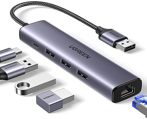 UGREEN USB 3.0 Hub Ethernet Adapter 5-in-1 mit 3x USB-A, RJ45 Gigabit LAN, USB-C PD, Aluminiumgehäuse, Silber/Grau