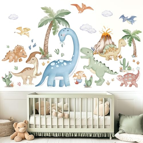 wondever Wandtattoo Dinosaurier XXL Boho Wandsticker Kinder Dino Palme Baum | Abziehen und Aufkleben, Abziehbar, Wandaufkleber Selbstklebend für Kinderzimmer Babyzimmer Schlafzimmer Wanddeko